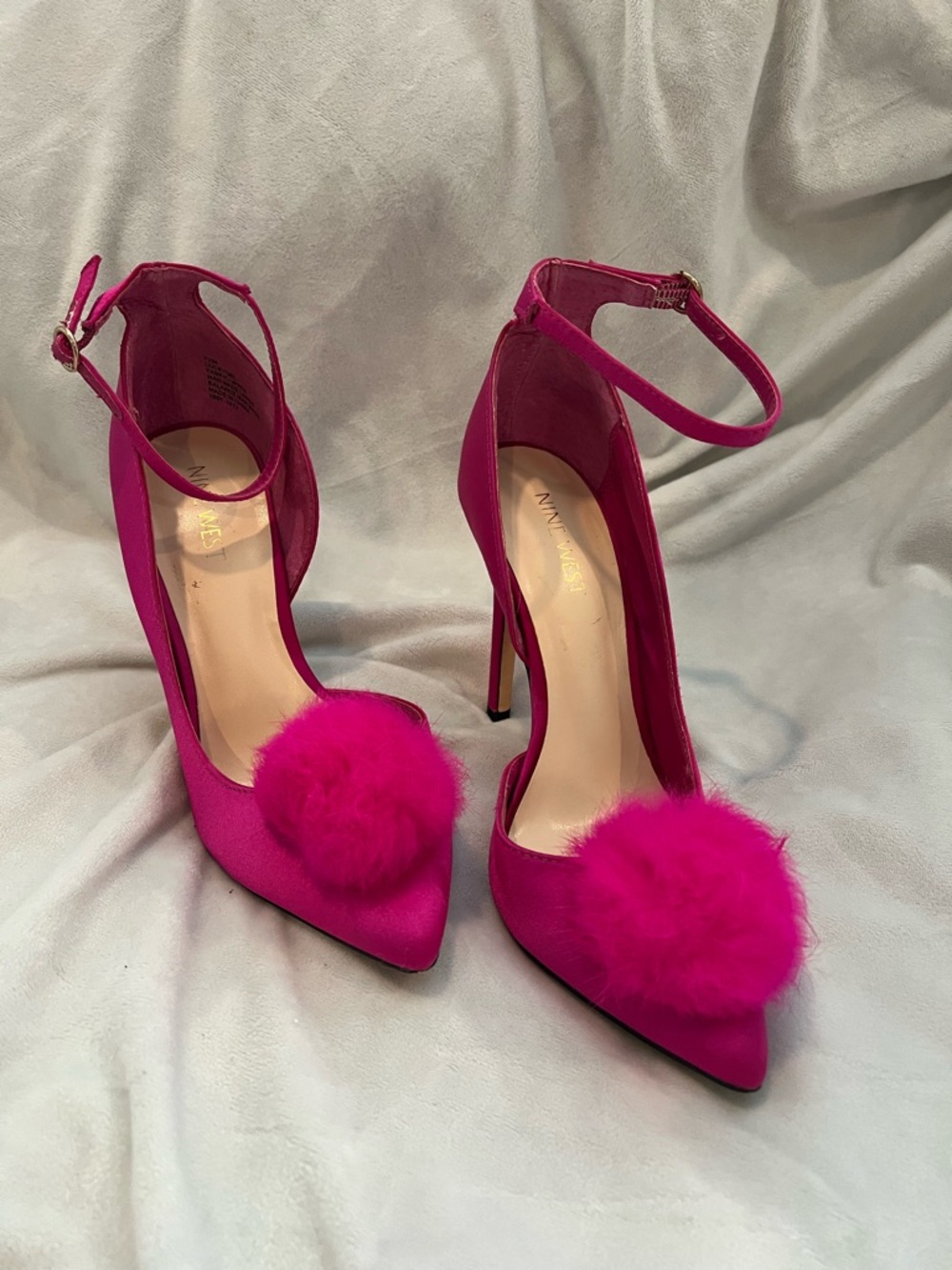 Nine West Hot Pink Pointed-Toe Ankle-Strap Pumps with Pom Pom